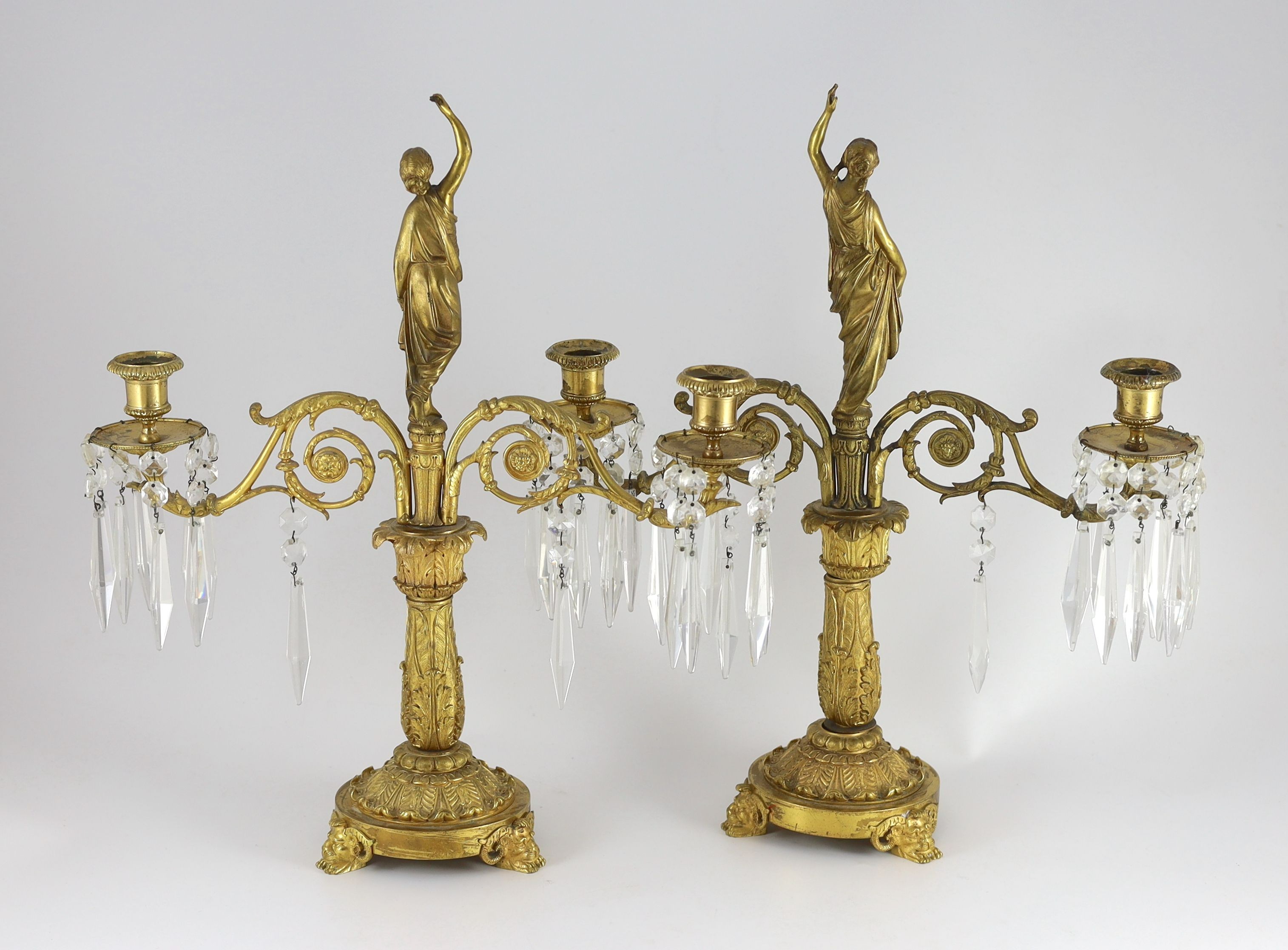 A pair of 19th century Grecian revival ormolu two lights candelabra, 39cm wide depth 13cm 44cm high